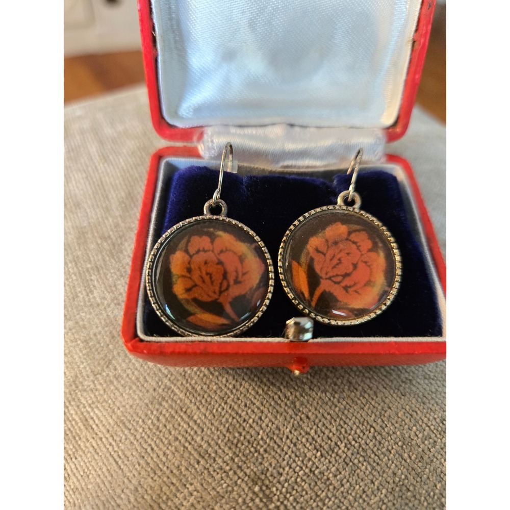 AAI Charm Rose Print Round Shape Silver Tone Dangle Earrings ‎ Vintage